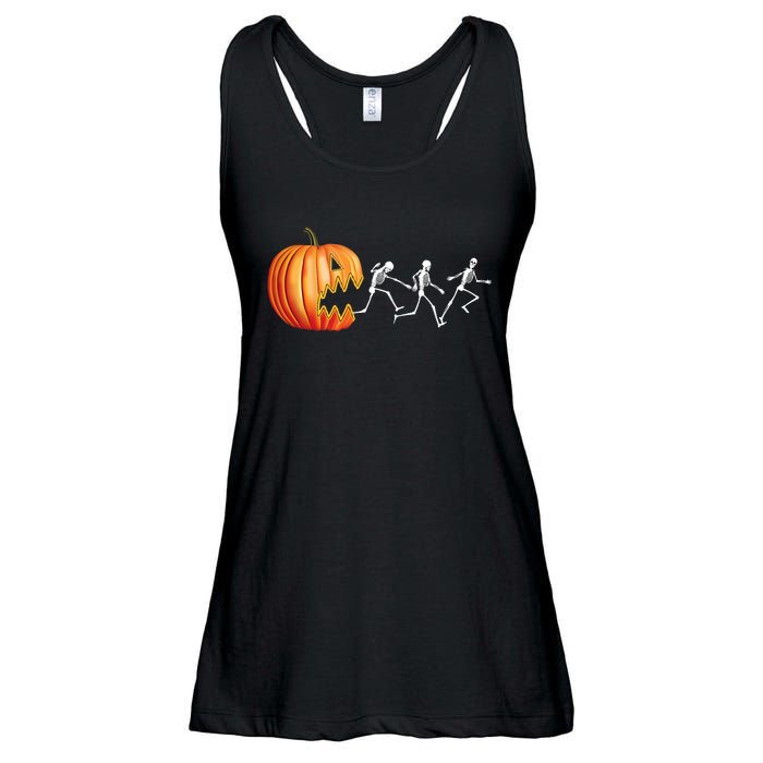 Funny Halloween Skeleton Running Pumpkin Jack O Lantern Eating Ladies Essential Flowy Tank