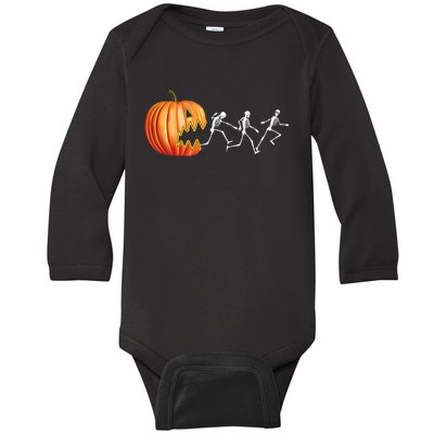 Funny Halloween Skeleton Running Pumpkin Jack O Lantern Eating Baby Long Sleeve Bodysuit