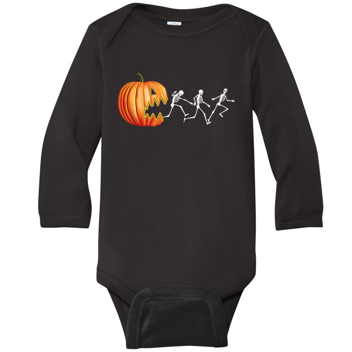 Funny Halloween Skeleton Running Pumpkin Jack O Lantern Eating Baby Long Sleeve Bodysuit