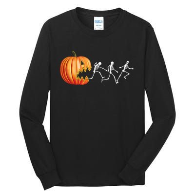 Funny Halloween Skeleton Running Pumpkin Jack O Lantern Eating Tall Long Sleeve T-Shirt