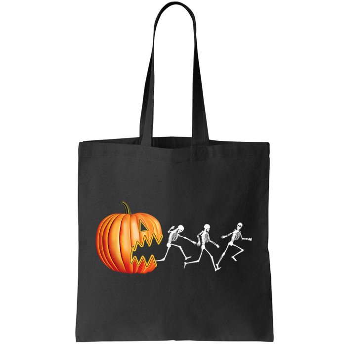 Funny Halloween Skeleton Running Pumpkin Jack O Lantern Eating Tote Bag