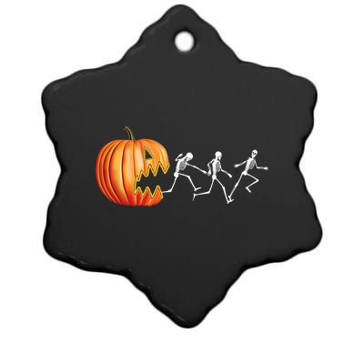 Funny Halloween Skeleton Running Pumpkin Jack O Lantern Eating Ceramic Star Ornament