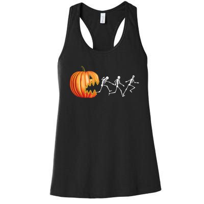 Funny Halloween Skeleton Running Pumpkin Jack O Lantern Eating Women's Racerback Tank