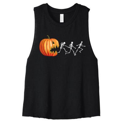 Funny Halloween Skeleton Running Pumpkin Jack O Lantern Eating Women's Racerback Cropped Tank