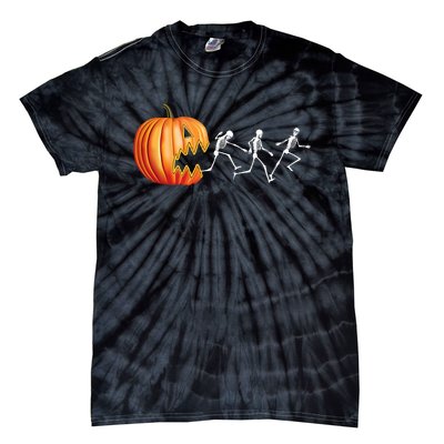 Funny Halloween Skeleton Running Pumpkin Jack O Lantern Eating Tie-Dye T-Shirt