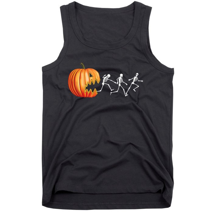 Funny Halloween Skeleton Running Pumpkin Jack O Lantern Eating Tank Top