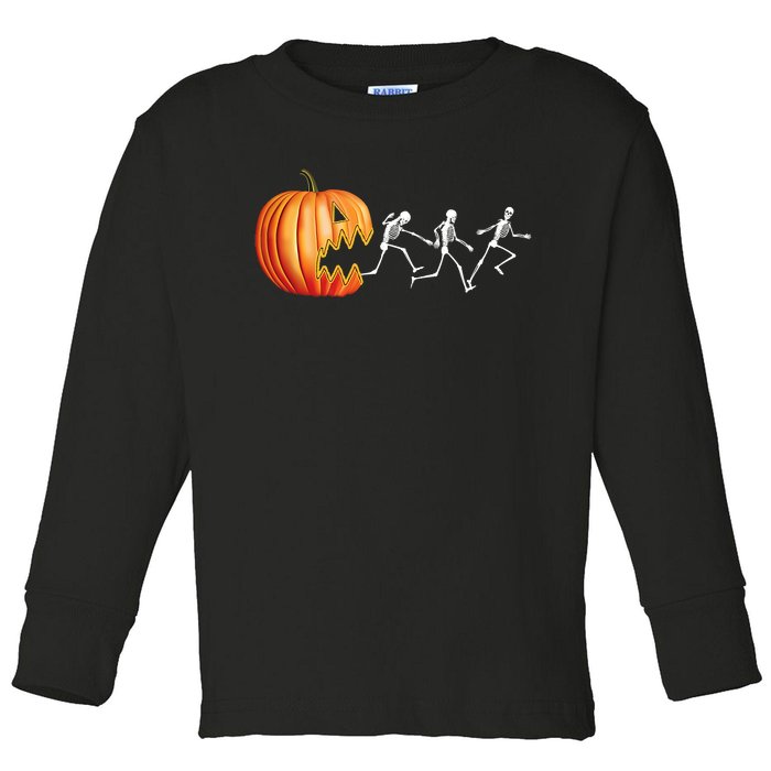 Funny Halloween Skeleton Running Pumpkin Jack O Lantern Eating Toddler Long Sleeve Shirt