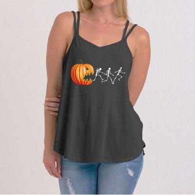 Funny Halloween Skeleton Running Pumpkin Jack O Lantern Eating Women's Strappy Tank