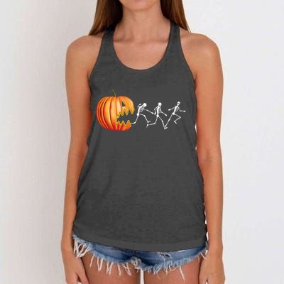 Funny Halloween Skeleton Running Pumpkin Jack O Lantern Eating Women's Knotted Racerback Tank