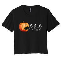 Funny Halloween Skeleton Running Pumpkin Jack O Lantern Eating Women's Crop Top Tee