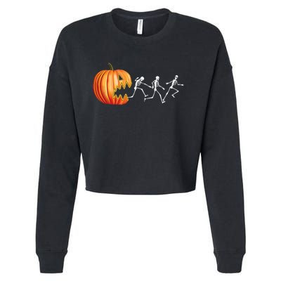 Funny Halloween Skeleton Running Pumpkin Jack O Lantern Eating Cropped Pullover Crew