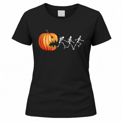 Funny Halloween Skeleton Running Pumpkin Jack O Lantern Eating Women's T-Shirt