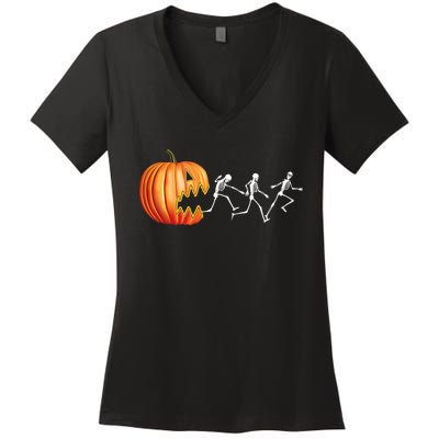 Funny Halloween Skeleton Running Pumpkin Jack O Lantern Eating Women's V-Neck T-Shirt