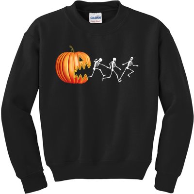 Funny Halloween Skeleton Running Pumpkin Jack O Lantern Eating Kids Sweatshirt