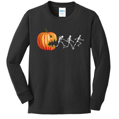 Funny Halloween Skeleton Running Pumpkin Jack O Lantern Eating Kids Long Sleeve Shirt