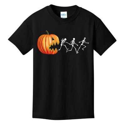 Funny Halloween Skeleton Running Pumpkin Jack O Lantern Eating Kids T-Shirt