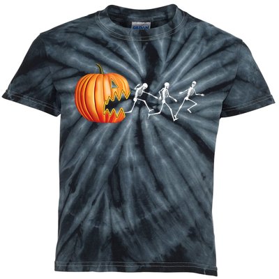 Funny Halloween Skeleton Running Pumpkin Jack O Lantern Eating Kids Tie-Dye T-Shirt