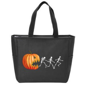 Funny Halloween Skeleton Running Pumpkin Jack O Lantern Eating Zip Tote Bag