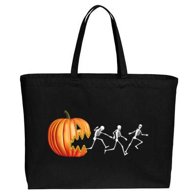 Funny Halloween Skeleton Running Pumpkin Jack O Lantern Eating Cotton Canvas Jumbo Tote