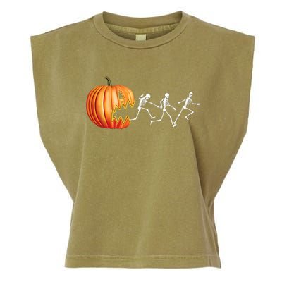 Funny Halloween Skeleton Running Pumpkin Jack O Lantern Eating Garment-Dyed Women's Muscle Tee