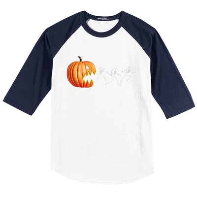 Funny Halloween Skeleton Running Pumpkin Jack O Lantern Eating Baseball Sleeve Shirt