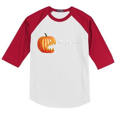 Funny Halloween Skeleton Running Pumpkin Jack O Lantern Eating Kids Colorblock Raglan Jersey