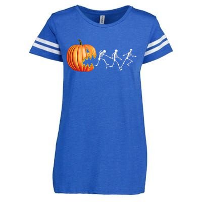 Funny Halloween Skeleton Running Pumpkin Jack O Lantern Eating Enza Ladies Jersey Football T-Shirt