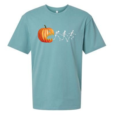 Funny Halloween Skeleton Running Pumpkin Jack O Lantern Eating Sueded Cloud Jersey T-Shirt