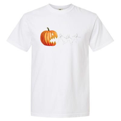 Funny Halloween Skeleton Running Pumpkin Jack O Lantern Eating Garment-Dyed Heavyweight T-Shirt