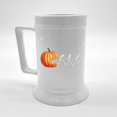 Funny Halloween Skeleton Running Pumpkin Jack O Lantern Eating Beer Stein