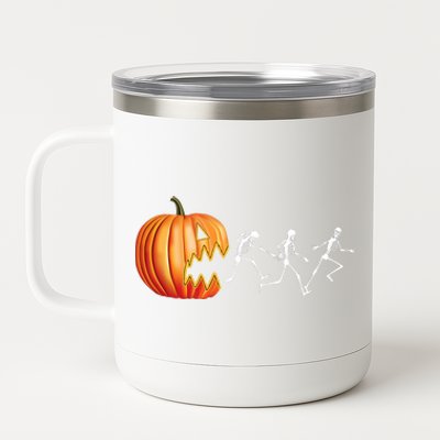 Funny Halloween Skeleton Running Pumpkin Jack O Lantern Eating 12 oz Stainless Steel Tumbler Cup