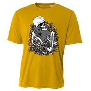 Funny Halloween Skull Skeleton Holding Cat Cooling Performance Crew T-Shirt