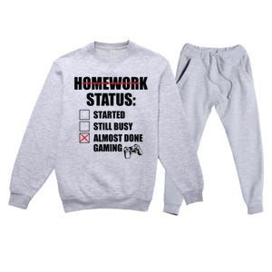 Funny Homework Status Still Busy Gaming Gamer Meme Premium Crewneck Sweatsuit Set