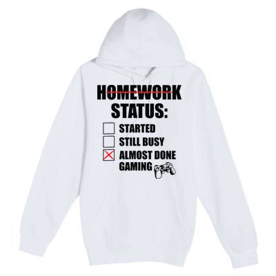 Funny Homework Status Still Busy Gaming Gamer Meme Premium Pullover Hoodie