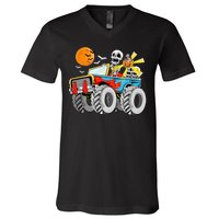 Funny Halloween Skeleton Monster Truck V-Neck T-Shirt