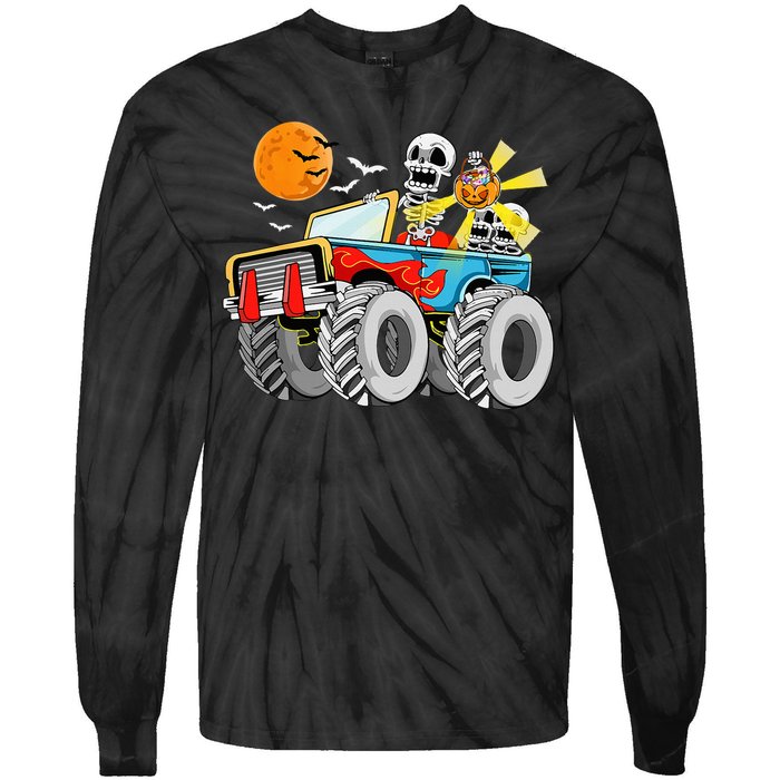 Funny Halloween Skeleton Monster Truck Tie-Dye Long Sleeve Shirt