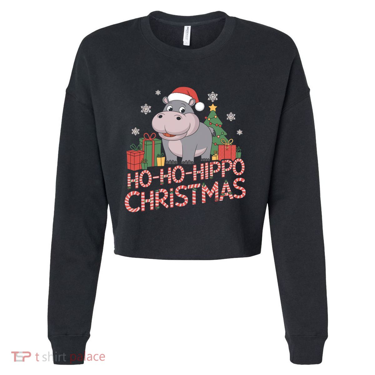Funny Hippo Santa Hat Design Christmas Tree Snowflakes Cool Gift Cropped Pullover Crew