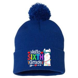 Funny Hello Sixth Grade Llama Back To School First Day Cute Gift Pom Pom 12in Knit Beanie