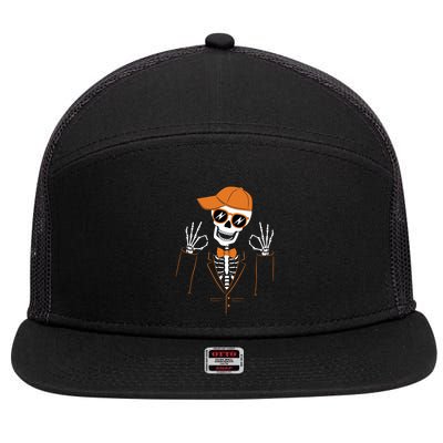 Funny Halloween Skeleton Hipster Bowtie Tuxedo Tux 7 Panel Mesh Trucker Snapback Hat