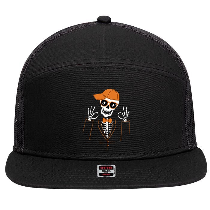 Funny Halloween Skeleton Hipster Bowtie Tuxedo Tux 7 Panel Mesh Trucker Snapback Hat