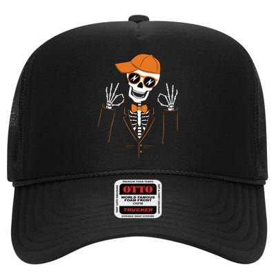 Funny Halloween Skeleton Hipster Bowtie Tuxedo Tux High Crown Mesh Back Trucker Hat