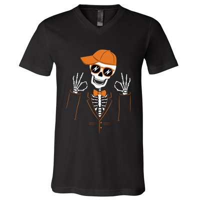 Funny Halloween Skeleton Hipster Bowtie Tuxedo Tux V-Neck T-Shirt