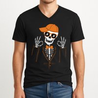 Funny Halloween Skeleton Hipster Bowtie Tuxedo Tux V-Neck T-Shirt