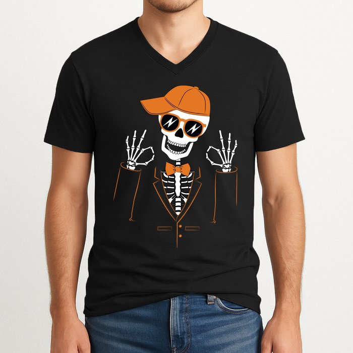Funny Halloween Skeleton Hipster Bowtie Tuxedo Tux V-Neck T-Shirt