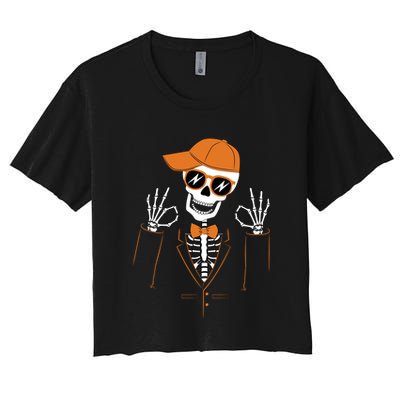 Funny Halloween Skeleton Hipster Bowtie Tuxedo Tux Crop Top
