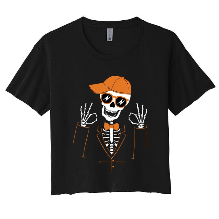 Funny Halloween Skeleton Hipster Bowtie Tuxedo Tux Crop Top