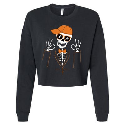 Funny Halloween Skeleton Hipster Bowtie Tuxedo Tux Cropped Pullover Crew