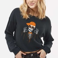 Funny Halloween Skeleton Hipster Bowtie Tuxedo Tux Cropped Pullover Crew