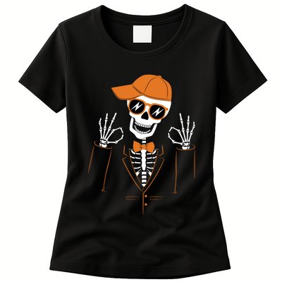 Funny Halloween Skeleton Hipster Bowtie Tuxedo Tux Womens T-Shirt