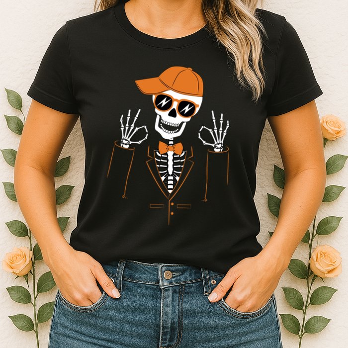 Funny Halloween Skeleton Hipster Bowtie Tuxedo Tux Womens T-Shirt